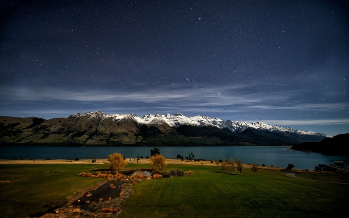Snow-capped mountains over a lake under a starry night sky
