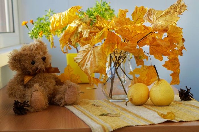 Still-life with teddy bear, pears, and autumn leaves