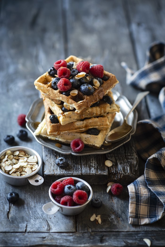 Stack of Waffles with Berries and Almonds