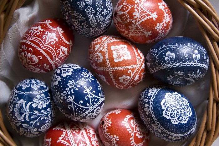 Decorated Easter Eggs in a Basket