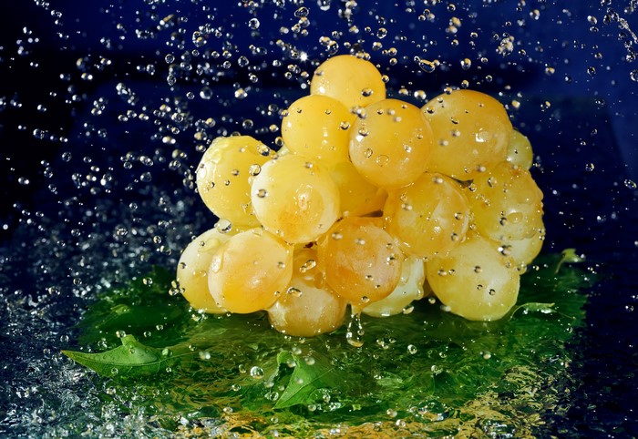 Grapes with water drops on a leaf