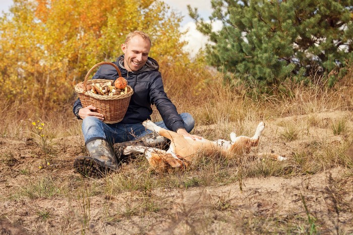 Man with basket of mushrooms petting dog