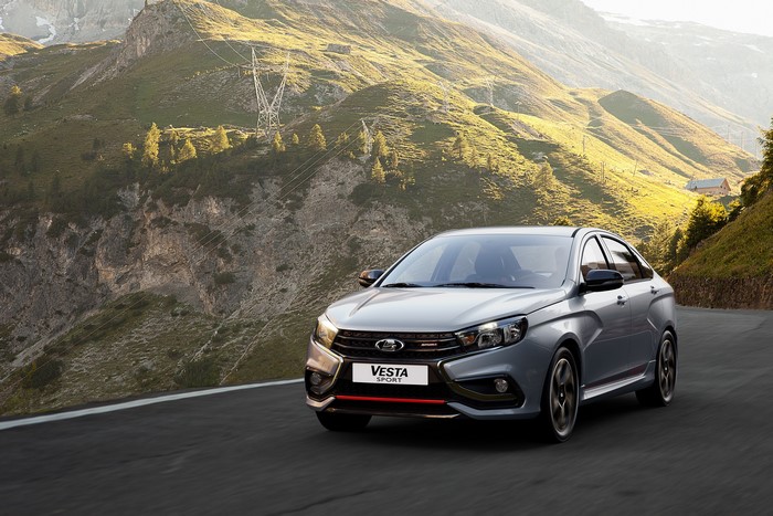 Grey Lada Vesta Sport sedan on a mountain road