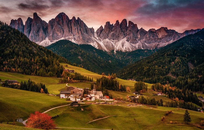 Village of Santa Maddalena, Italy, with Mountains and Forests