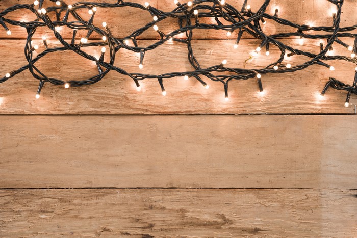 Fairy lights on wood planks