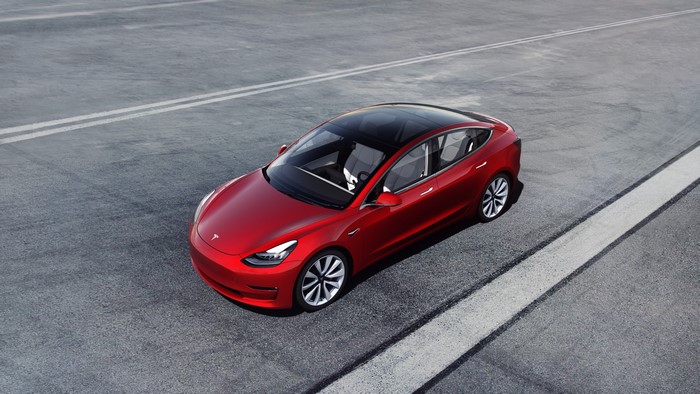 4K Red Tesla Model 3 from Above