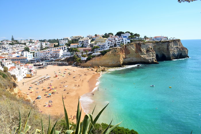 Praia do Carvoeiro, Portugal Coastline with Houses and Beach