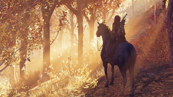 Assassin's Creed Odyssey: Horseback rider in autumn forest