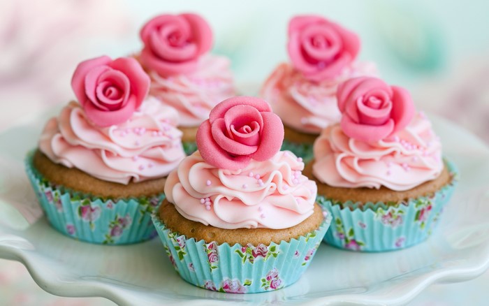 Pink Rose Cupcakes on a White Cake Stand