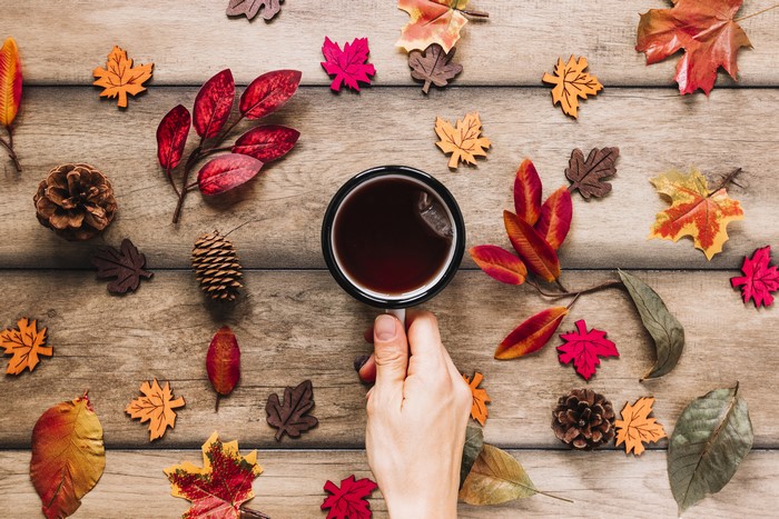 Autumn leaves and pine cones surrounding a mug of tea