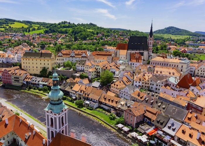 Cesky Krumlov cityscape with river and church towers