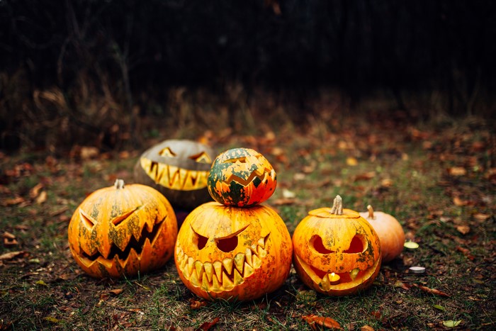 Halloween carved pumpkins on the ground