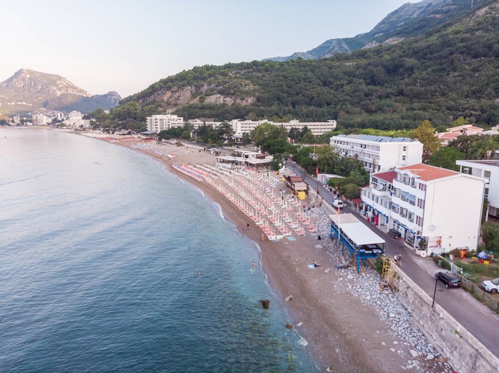 Sutomore Beach, Montenegro Coastline with Hotels and Mountains