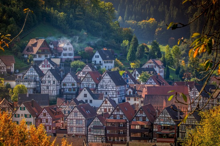 Half-timbered houses in a German village during autumn
