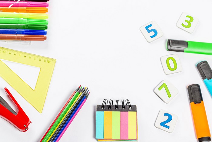 Stationery items on a white background