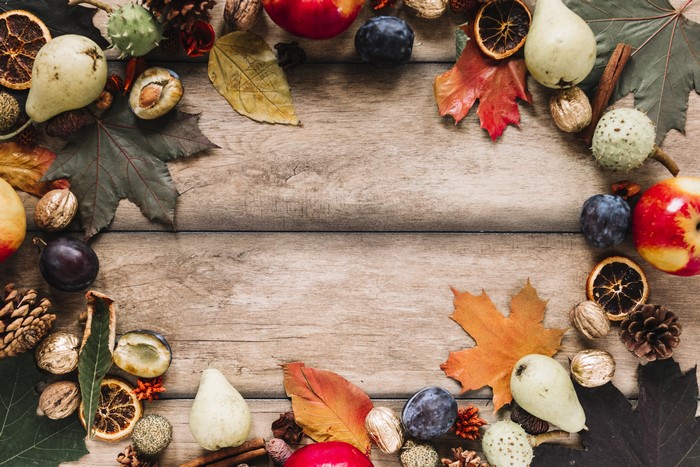 Autumn Harvest Fruits and Nuts on Wood