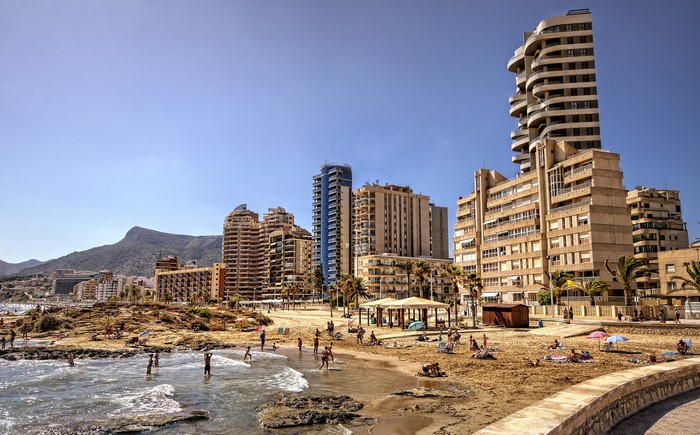 Beachfront buildings and mountain in Calp, Valencia, Spain