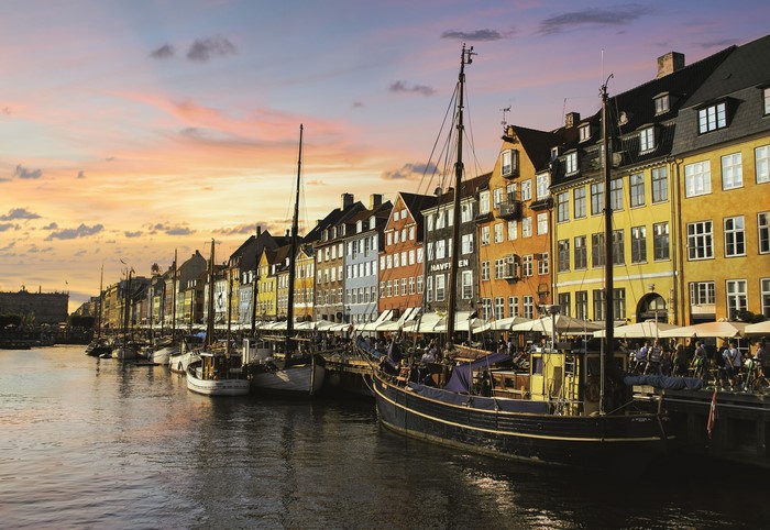Nyhavn Canal in Copenhagen, Denmark at Dusk