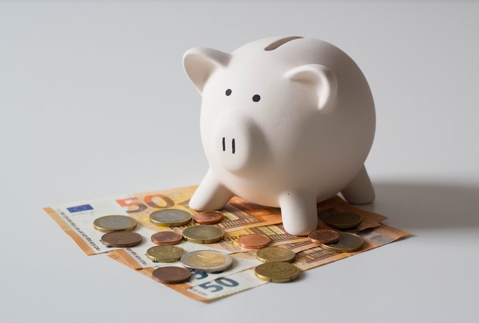 Piggy bank with Euro coins and banknotes