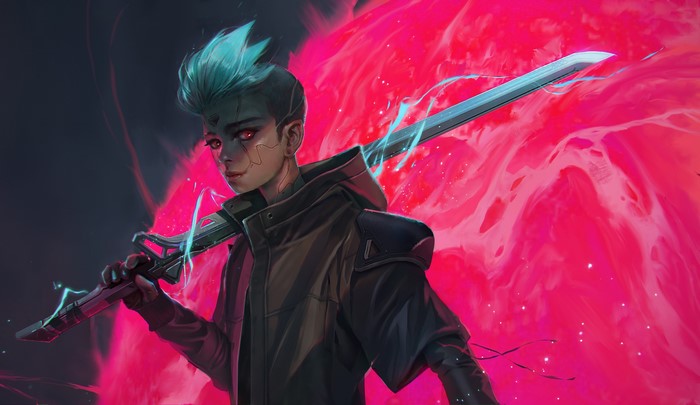 Cyberpunk Young Man with Glowing Sword