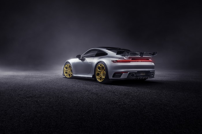 Silver Porsche 911 Carrera TechArt 992 with Gold Wheels