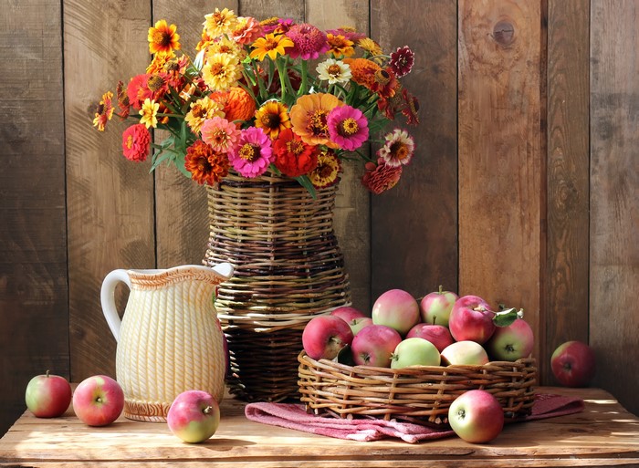 Colorful Zinnia Bouquet with Apples and Wicker Basket