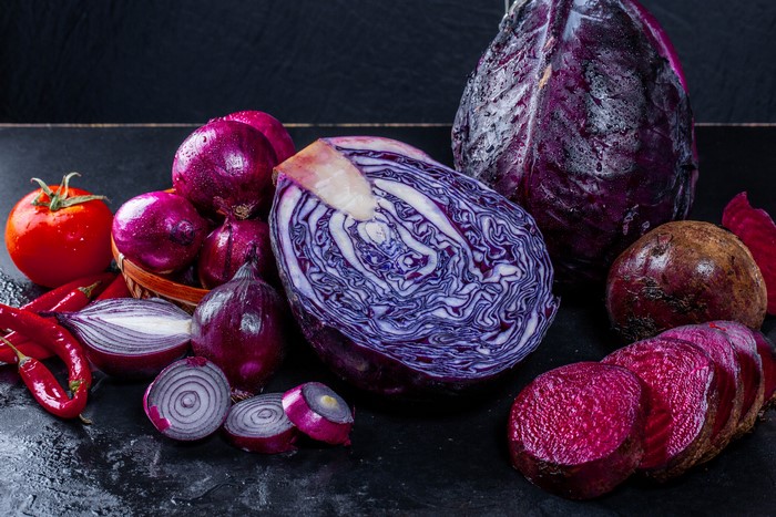 4K Vegetables: Red Cabbage, Onions, Beets, Tomatoes, and Chili Peppers