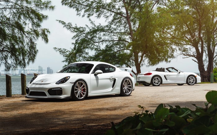 White Porsche Cayman GT4 and Boxster