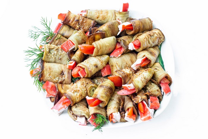 4K Delicious eggplant rolls with crab sticks and tomatoes