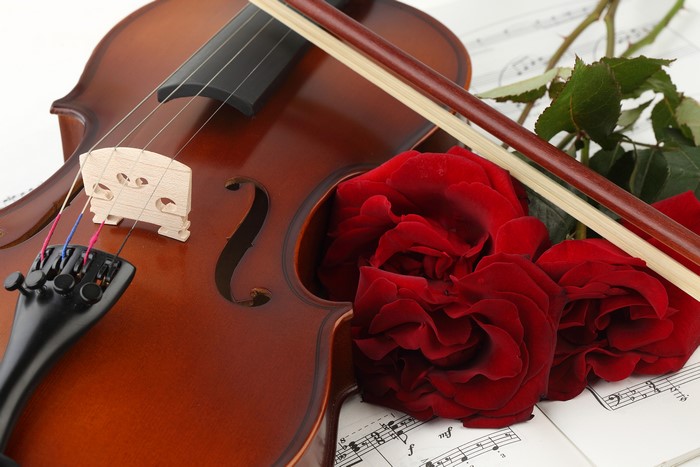 Violin with Red Roses and Sheet Music
