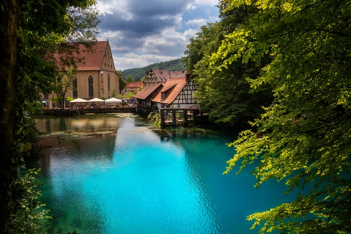 4K Blautopf in Blaubeuren, Germany with Rivers and Houses