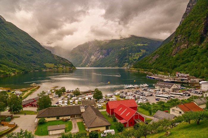 Geirangerfjord, Norway with Mountains, Houses, and Marinas