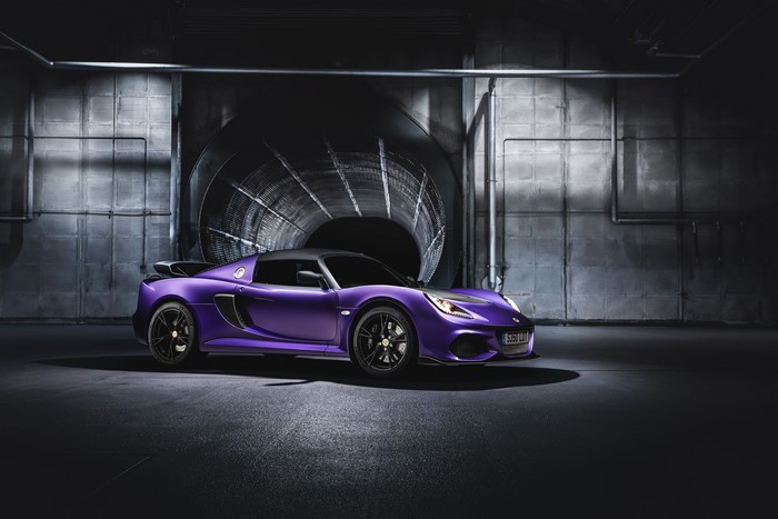 Violet Lotus Exige Sport 350 in industrial setting