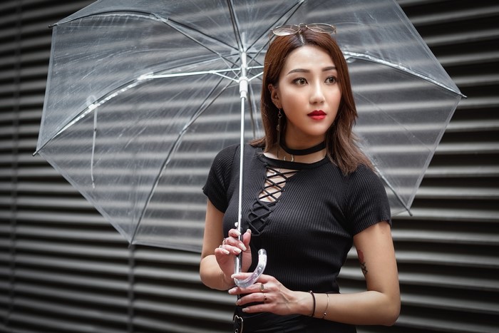 Woman Holding Clear Umbrella with Stylish Black Outfit
