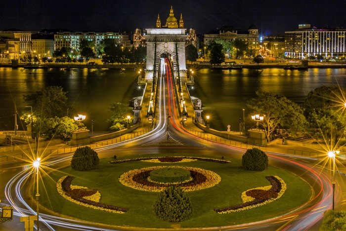 Chain Bridge over Danube River at Night in Budapest, Hungary