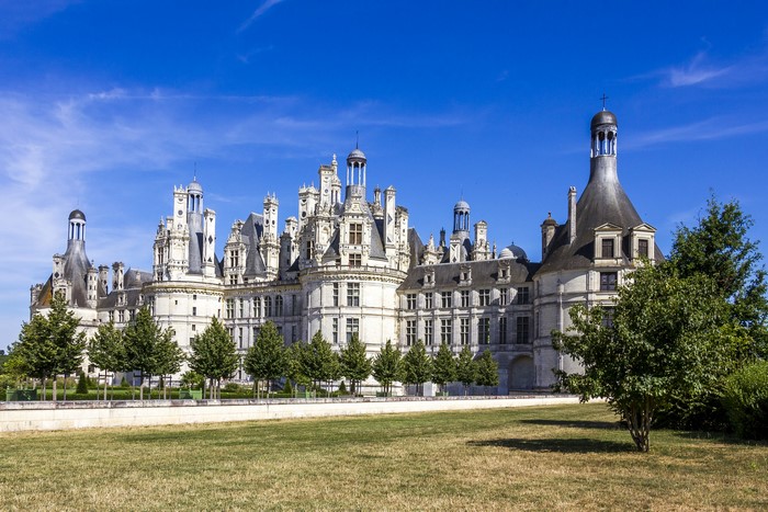 Chambord Castle in France under a blue sky