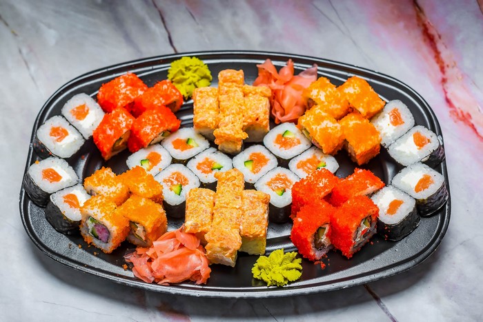 Assortment of Sushi Rolls with Caviar and Wasabi