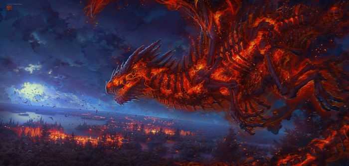 Fiery skeletal dragon over a burning city