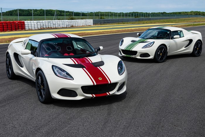 Two white Lotus Elise Sport 220 Heritage Edition cars on a race track