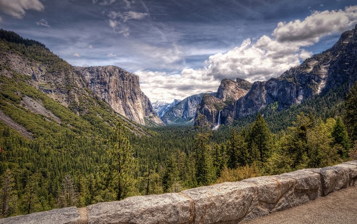 Yosemite Valley with Mountains, Forests, and Waterfall