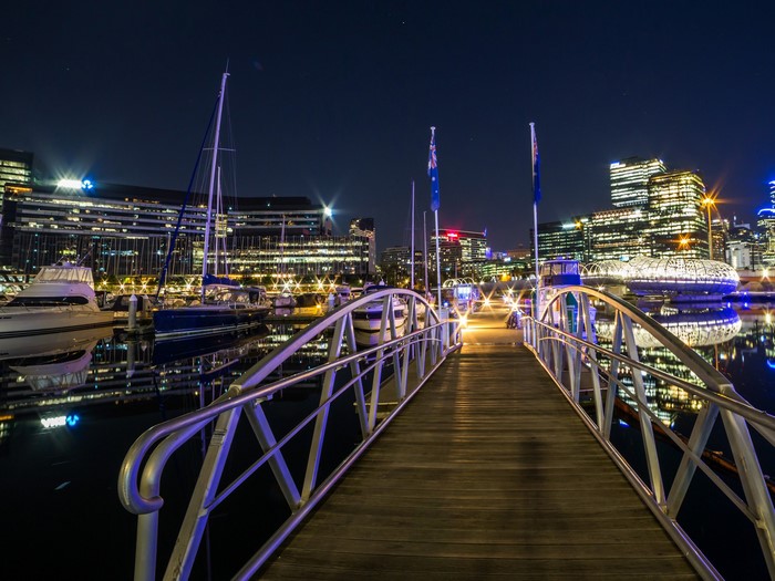 Melbourne Marina at Night with City Skyline