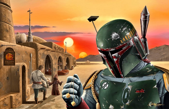 Boba Fett from Star Wars holding trinkets