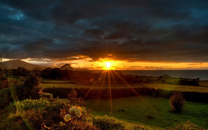Sunset over rolling green hills and the ocean