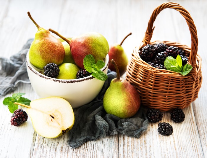 Pears and Blackberries in a Bowl and Basket
