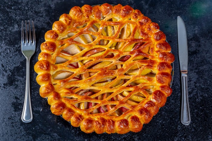 Apple Pie with Lattice Crust, Fork, and Knife