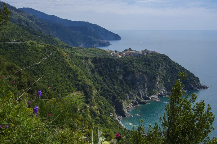 Vernazza village on a cliff overlooking the Ligurian Sea, Italy
