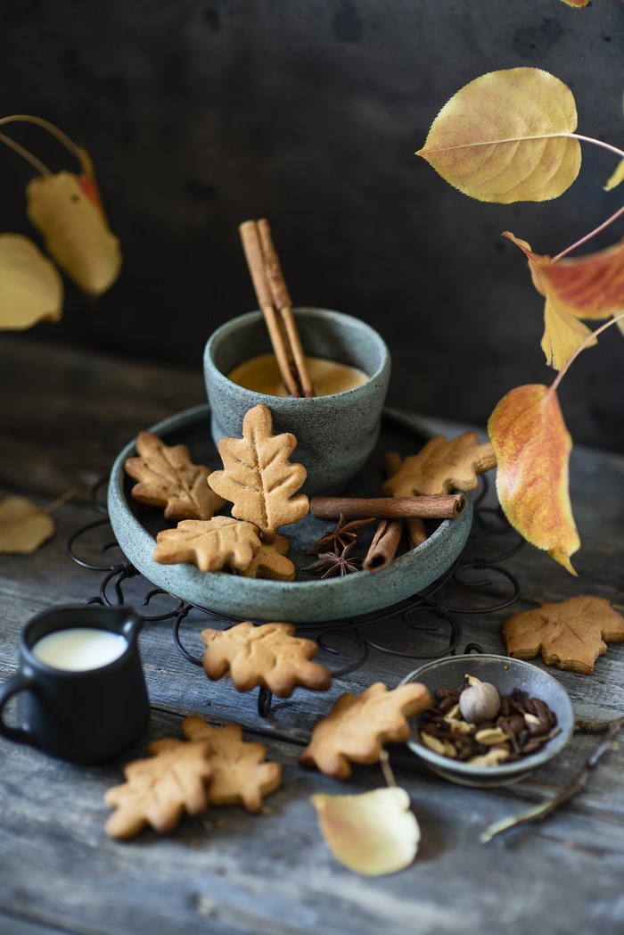 Autumn cookies with coffee and milk