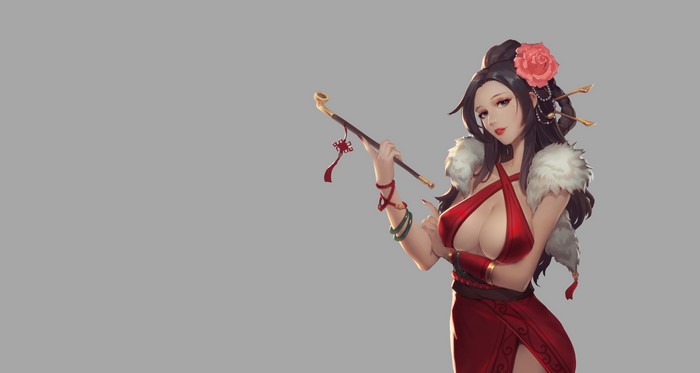 Woman in red dress holding a smoking pipe