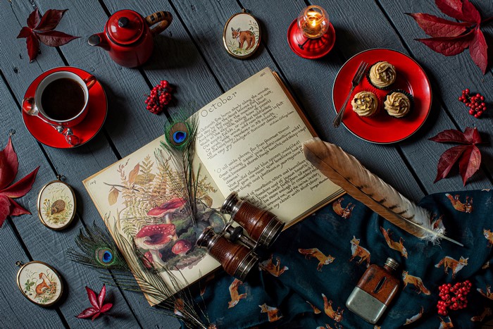 Autumn still life with book, tea, and cupcakes