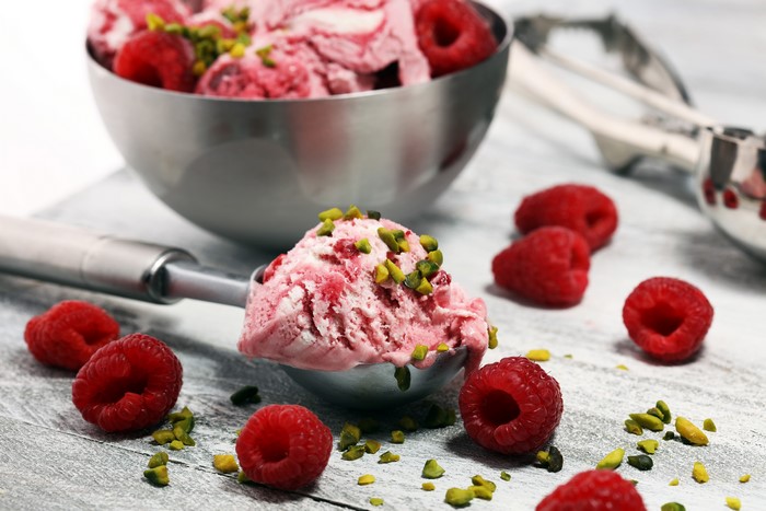 Raspberry Ice Cream with Pistachios and Fresh Berries